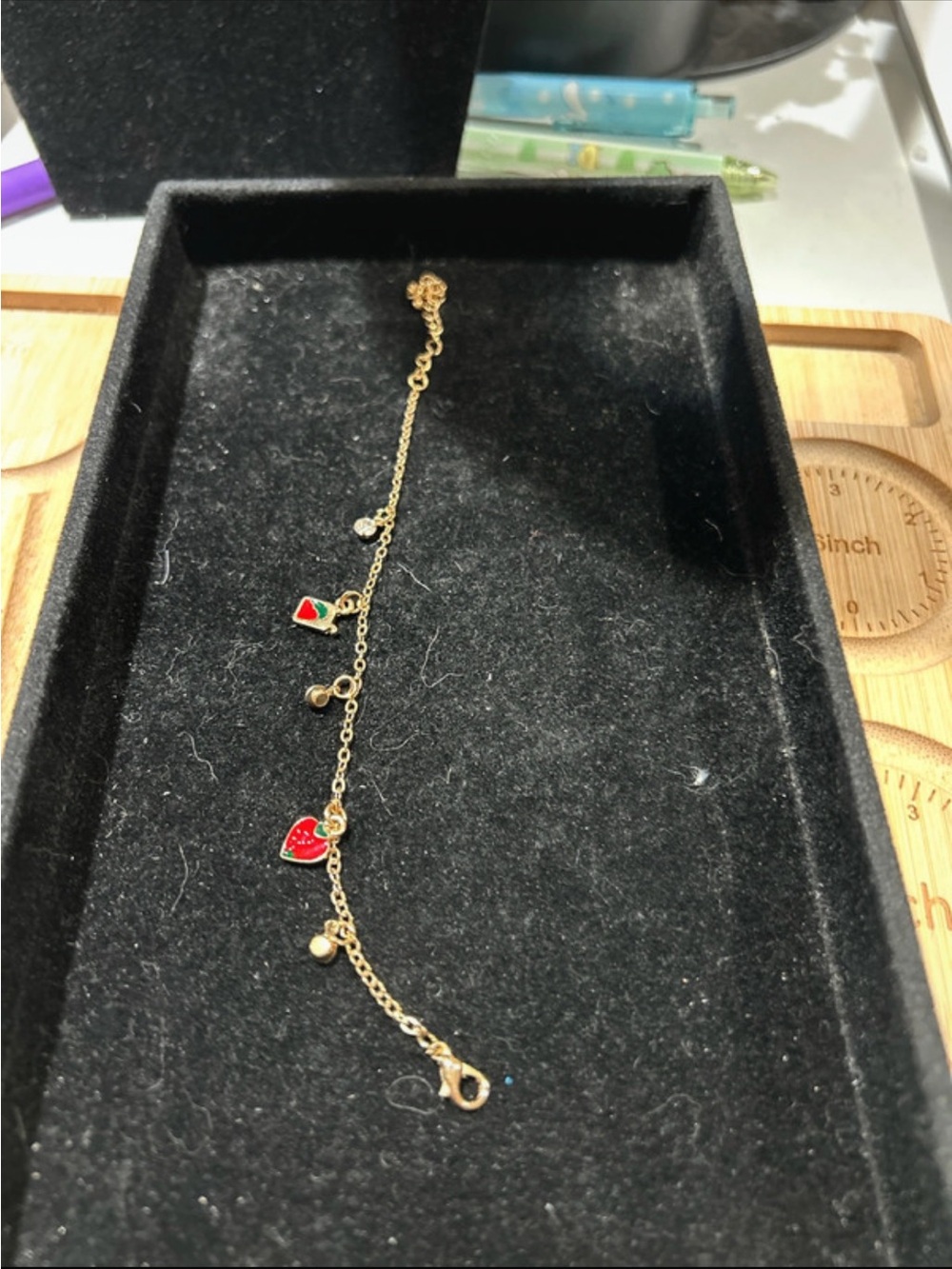Gold color Strawberry Charm Anklet - Red & Green Enamel the largest settings 7.5